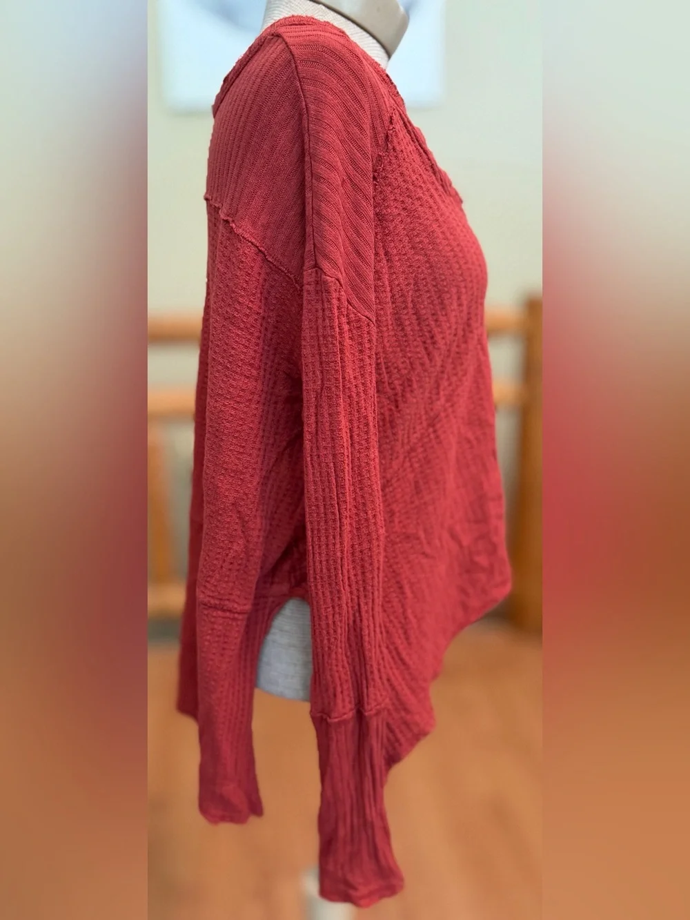Free People Red Waffle Knit Cropped Long Sleeve Top